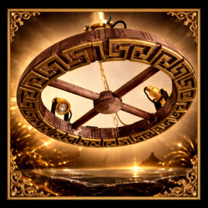 Handcrafted wheel-shaped ceiling lamp made of European wood with antique ornament engraving and three warm white LED spots