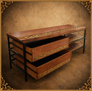 Handcrafted TV Lowboard made of solid beech wood with antique chain ornaments and a sturdy metal frame