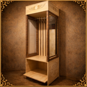 Handcrafted bamboo coat rack with Tree of Life engraving, winged sun disc, and additional lower storage shelf